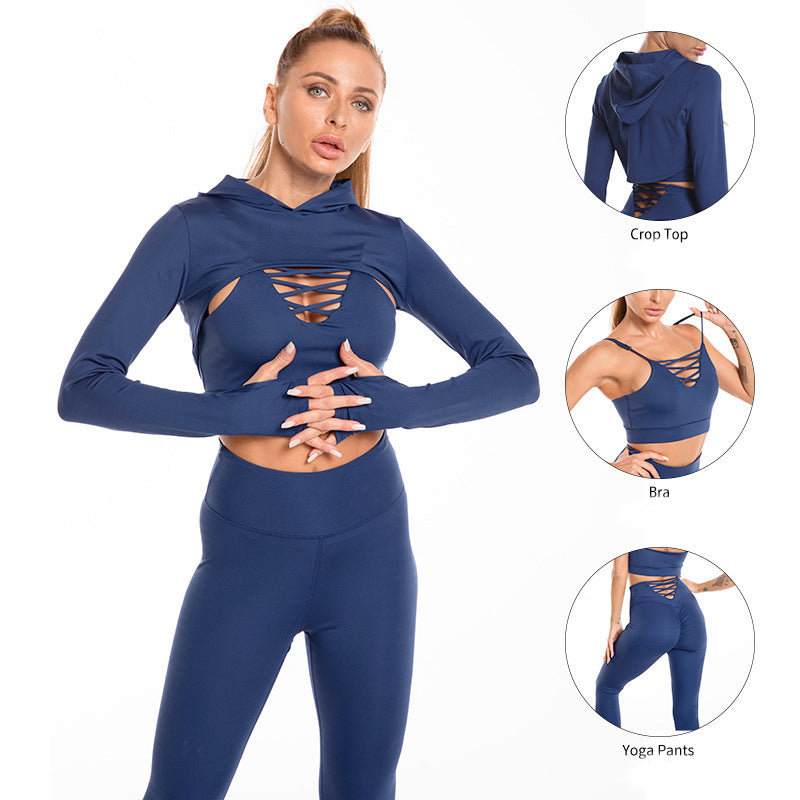 3pcs Sports Suits Long Sleeve Hooded Top