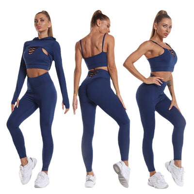 3pcs Sports Suits Long Sleeve Hooded Top