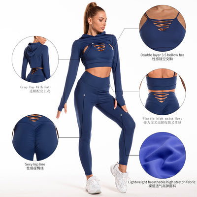 3pcs Sports Suits Long Sleeve Hooded Top